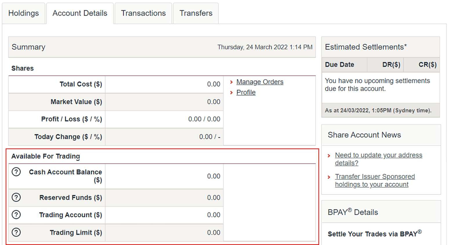 Trading Limit on the Account Details Page