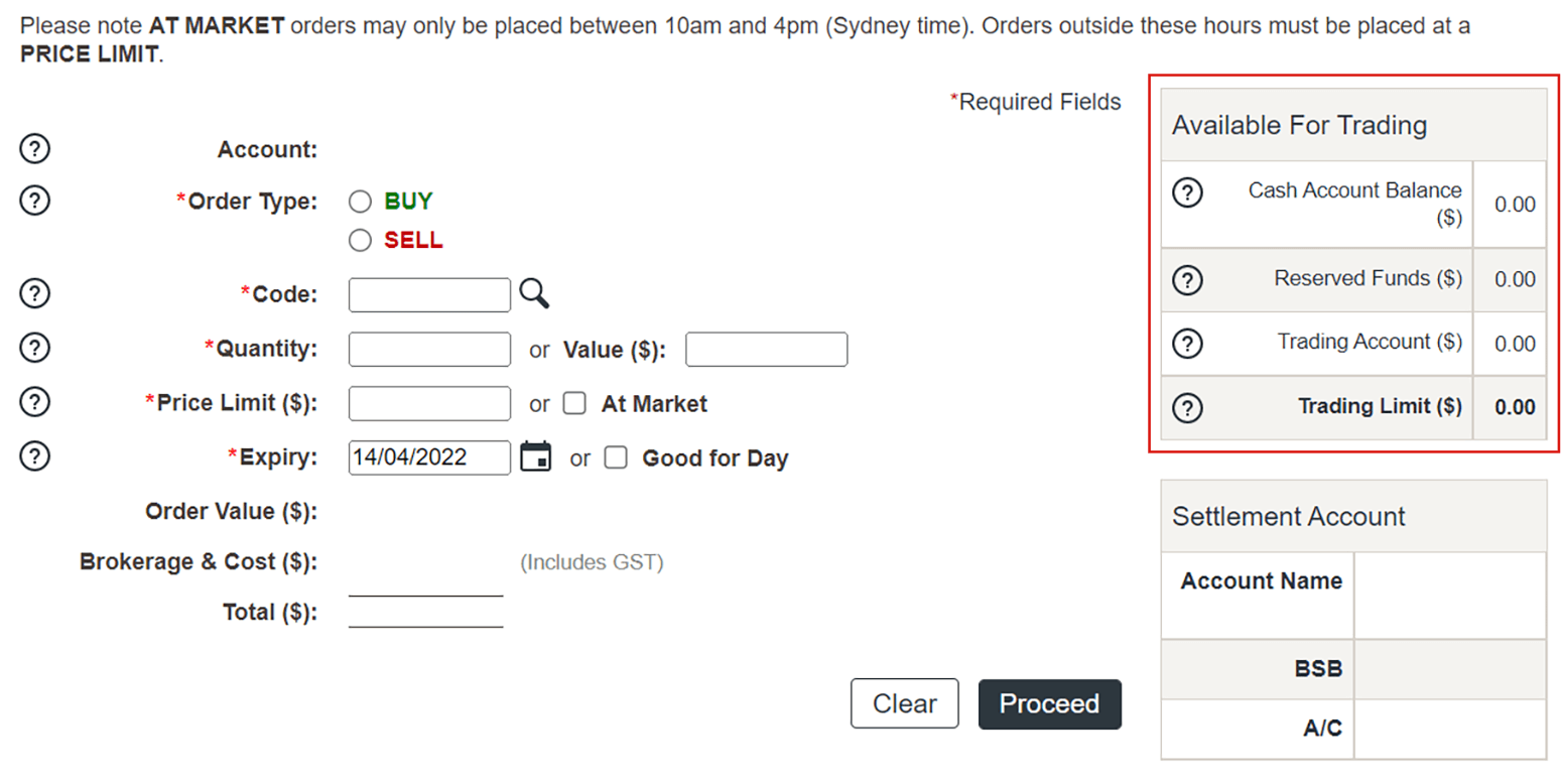 Trading Limit on the Place Order Page